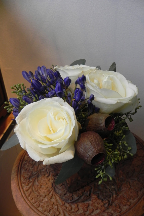 White Roses with Seed Pods and Eucalyptus